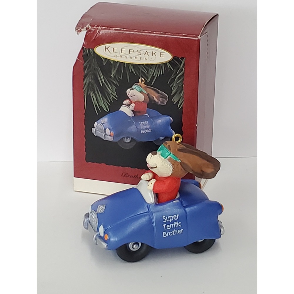 1994 Hallmark Keepsake Ornament Super Terrific Brother Dog in Blue Car Vintage